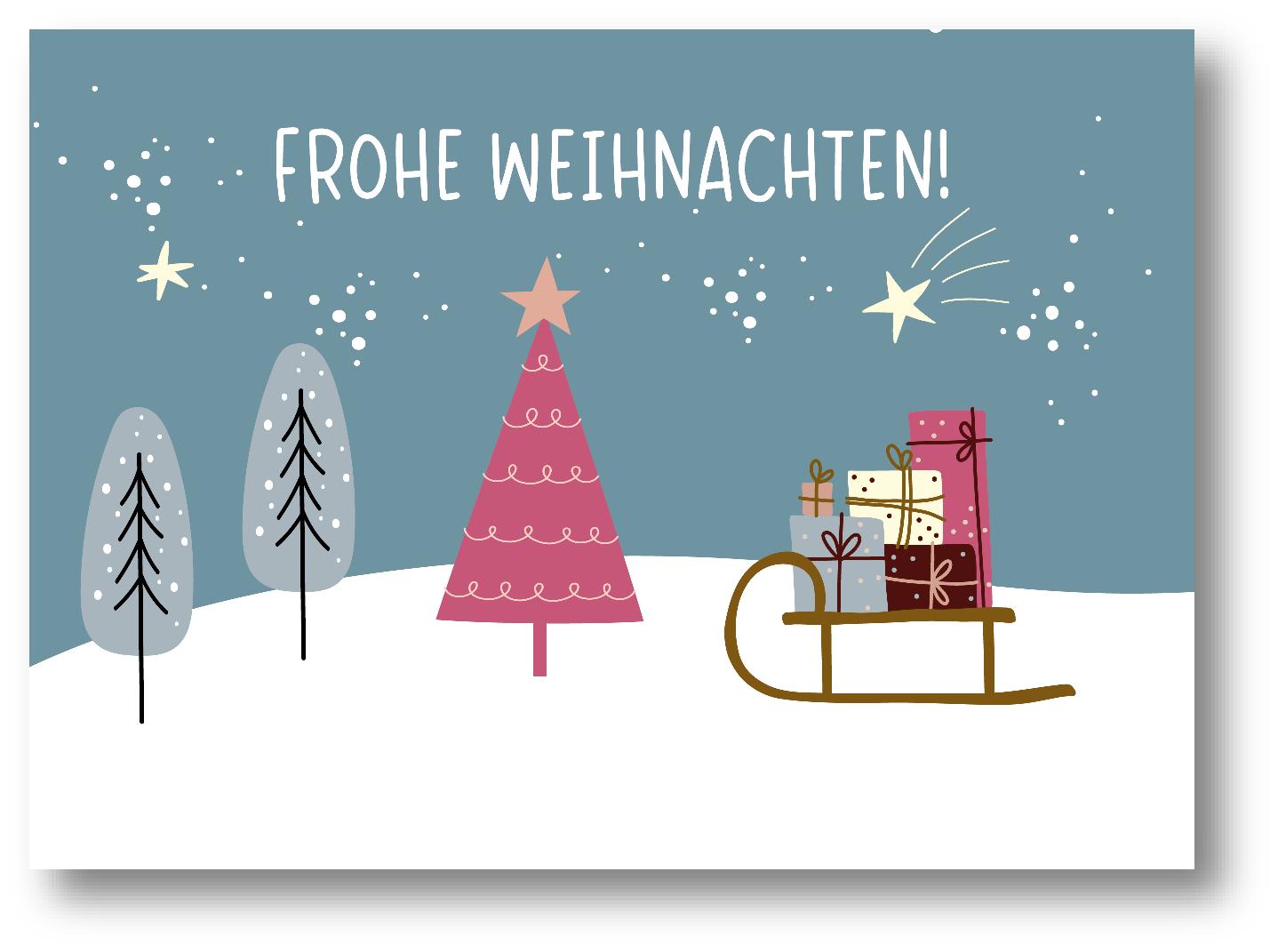 graue Bäume roter Baum Schlitten mit Geschenken in Schneelandschaft blauer Himmel mit Schnee und Sternschnuppen