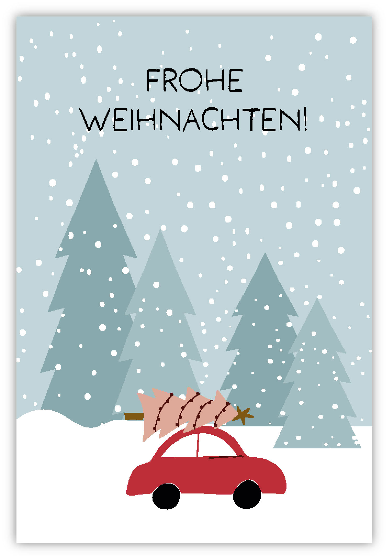 rotes Auto mit Weihnachtsbaum in Schneelandschaft