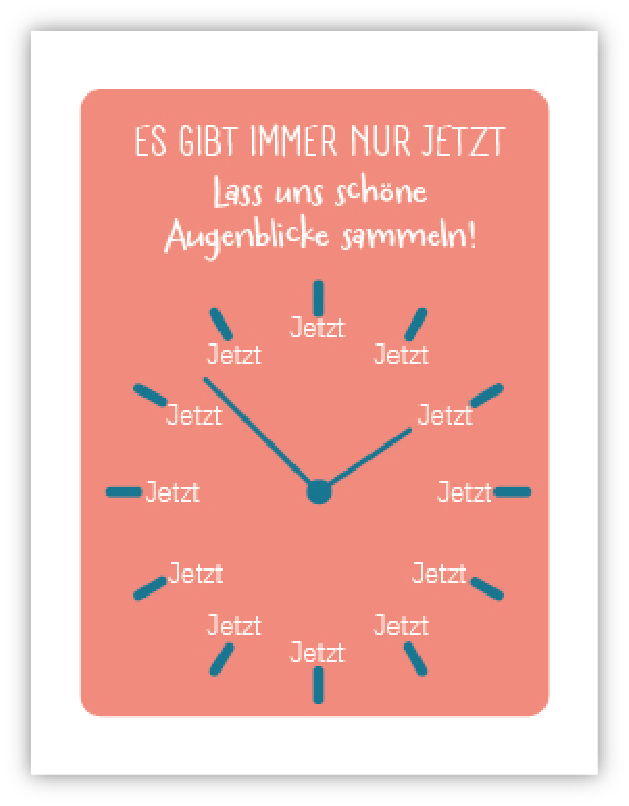 Karte mit Uhr, die Zeiger stehen auf Jetzt auf lachsfarbenem Hintergrund
